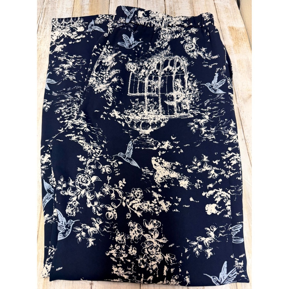 Chico's Navy Hummingbird  Toile Floral Wide  Leg Pants Women Size 1.5(U.S. 10)
